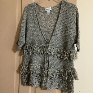 Ladies short sleeve sweater with fringe trim. Peck & Peck